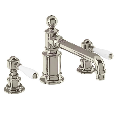 Burlington Arcade 3 Hole Basin Mixer Tap With Lever Handles (Nickel & White).