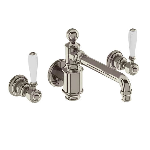 Burlington Arcade Wall Basin Mixer Tap With Lever Handles (Nickel & White).