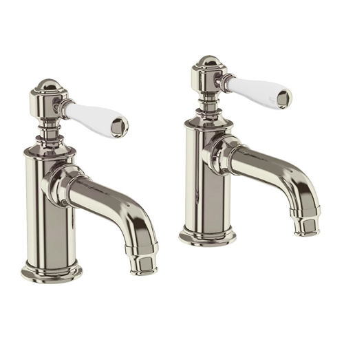 Burlington Arcade Pillar Basin Taps With Lever Handles (Nickel & White).