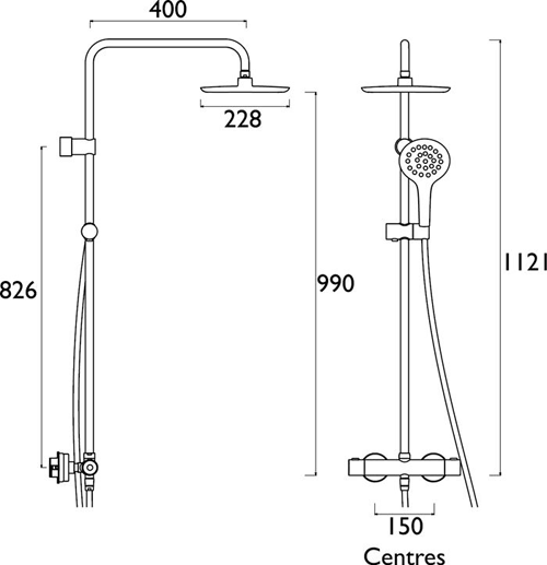 Technical image of Bristan Claret Thermostatic Bar Valve With Rigid Riser & Handset.