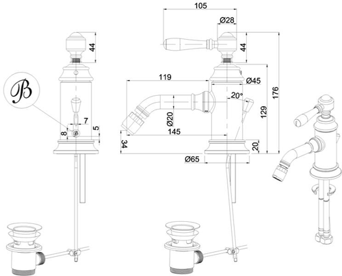 Technical image of Burlington Arcade Bidet Tap With Lever Handle & Waste (Chrome).