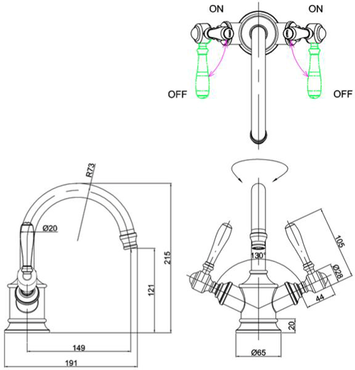 Technical image of Burlington Arcade Basin Mixer Tap With Lever Handles (Chrome).