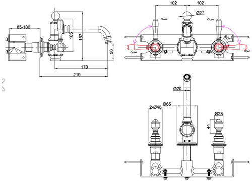 Technical image of Burlington Arcade Wall Basin Mixer Tap With Lever Handles (Chrome).