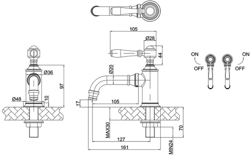 Technical image of Burlington Arcade Pillar Basin Taps With Lever Handles (Chrome).