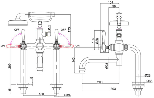 Technical image of Burlington Arcade Deck Mounted BSM Tap, Lever Handles (Nickel).