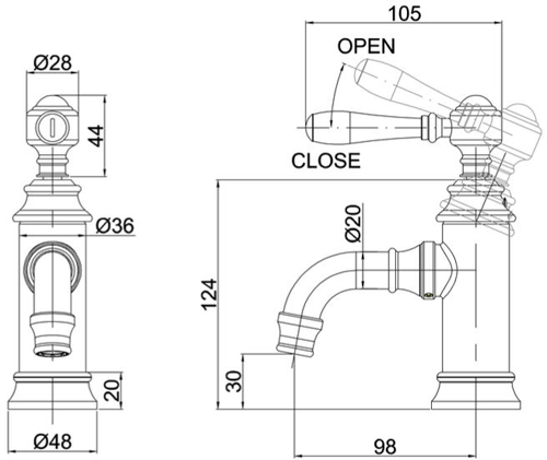 Technical image of Burlington Arcade Mini Basin Mixer Tap With Lever Handle (Chrome).