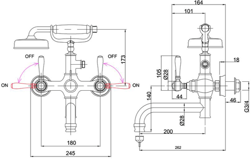 Technical image of Burlington Arcade Wall Mounted BSM Tap, Lever Handles (Nickel & Black).