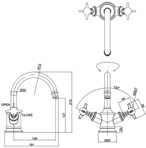 Technical image of Burlington Arcade Basin Mixer Tap With Crosshead Handles (Chrome).