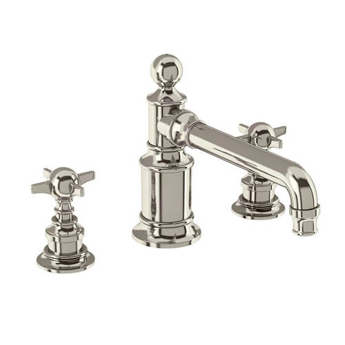 Larger image of Burlington Arcade 3 Hole Basin Mixer Tap With X-Head Handles (Nickel).