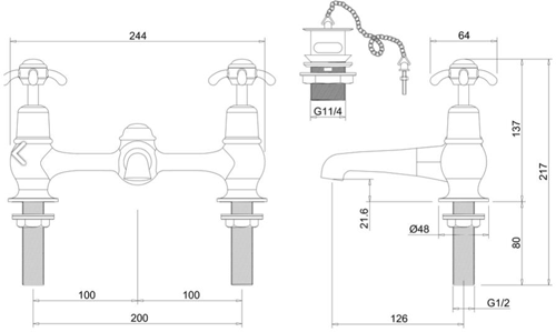 Technical image of Burlington Anglesey 2 Hole Basin Mixer Tap With Waste (Chrome & Medici).