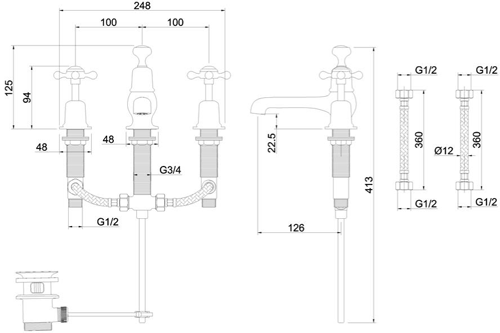 Technical image of Burlington Anglesey 3 Hole Basin Tap With Pop Up Waste (Chrome & Medici).