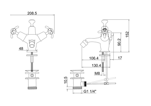 Technical image of Burlington Anglesey Bidet Tap With Pop Up Waste (Chrome & Medici).