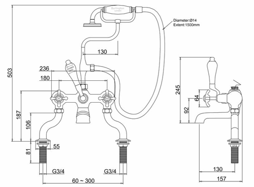 Technical image of Burlington Anglesey Bath Shower Mixer Tap With Kit (Chrome & Medici).