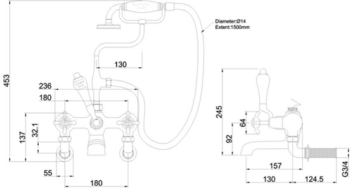 Technical image of Burlington Anglesey Wall Mounted BSM Tap With Kit (Chrome & Medici).