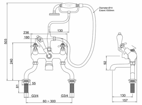 Technical image of Burlington Anglesey Bath Shower Mixer Tap With Kit (Chrome & Medici).