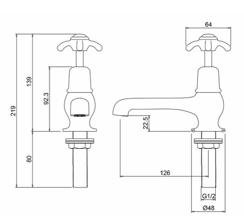 Technical image of Burlington Anglesey Basin Taps 5" (Chrome & Medici).