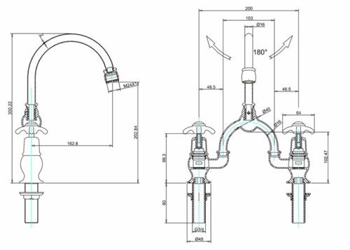 Technical image of Burlington Anglesey 2 Hole Arch Basin Mixer Tap (Chrome & Medici, 200mm).