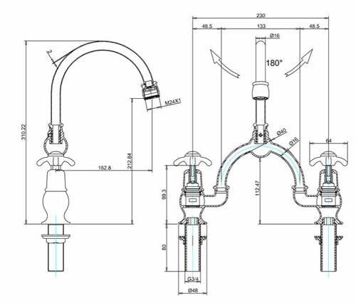 Technical image of Burlington Anglesey 2 Hole Arch Basin Mixer Tap (Chrome & Medici, 230mm).