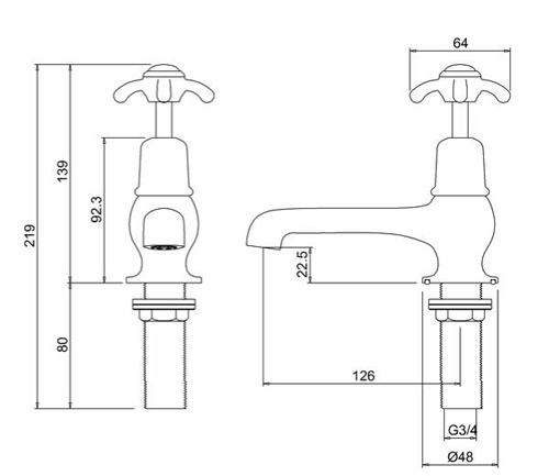 Technical image of Burlington Anglesey Bath Taps (Chrome & Medici).