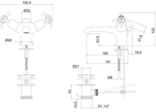 Technical image of Burlington Anglesey Basin Tap With Pop Up Waste (Chrome & Medici).