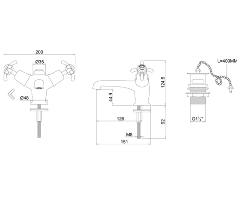 Technical image of Burlington Anglesey Basin Tap With Plug & Chain Waste (Chrome & Medici).