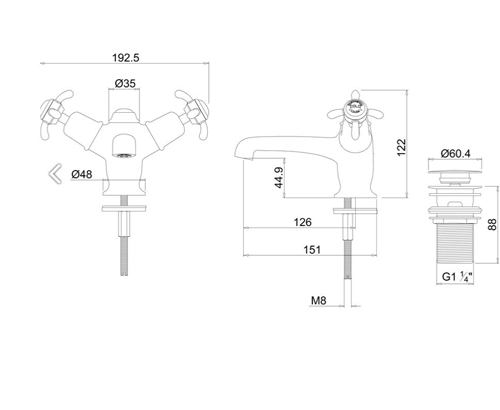 Technical image of Burlington Anglesey Basin Tap With Click Clack Waste (Chrome & Medici).