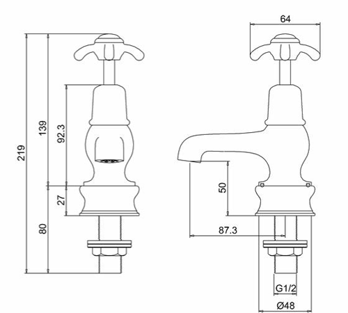 Technical image of Burlington Anglesey Basin Taps 3" (Chrome & Medici).