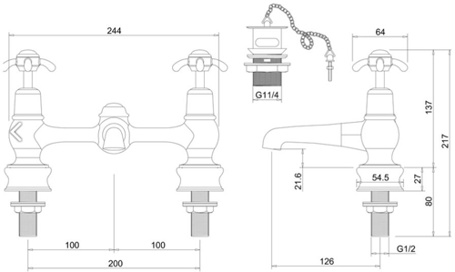 Technical image of Burlington Anglesey 2 Hole Basin Mixer Tap With Waste (Chrome & Medici).