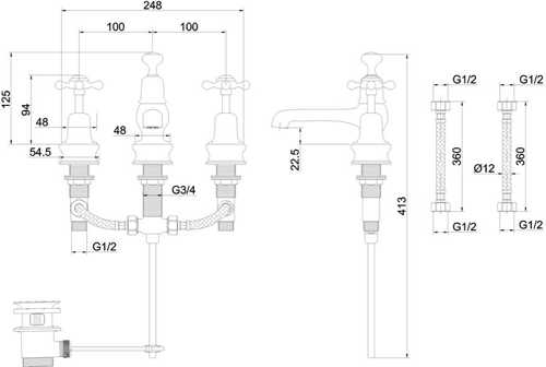 Technical image of Burlington Anglesey 3 Hole Basin Tap With Pop Up Waste (Chrome & Medici).