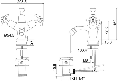 Technical image of Burlington Anglesey Bidet Tap With Pop Up Waste (Chrome & Medici).