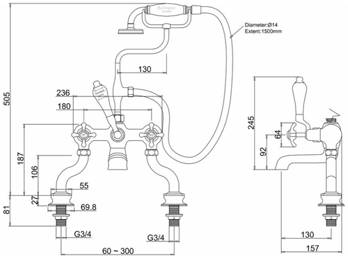 Technical image of Burlington Anglesey Bath Shower Mixer Tap With Kit (Chrome & Medici).