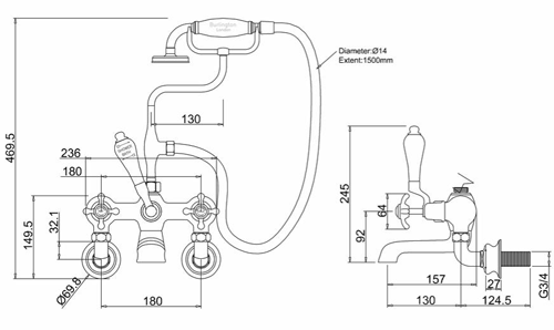 Technical image of Burlington Anglesey Wall Mounted BSM Tap With Kit (Chrome & Medici).