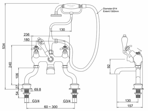 Technical image of Burlington Anglesey Bath Shower Mixer Tap With Kit (Chrome & Medici).