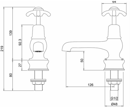 Technical image of Burlington Anglesey Basin Taps 5" (Chrome & Medici).