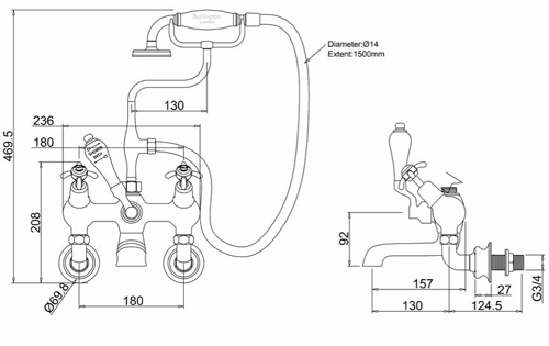 Technical image of Burlington Anglesey Wall Mounted Angled BSM Tap (Chrome & Medici).