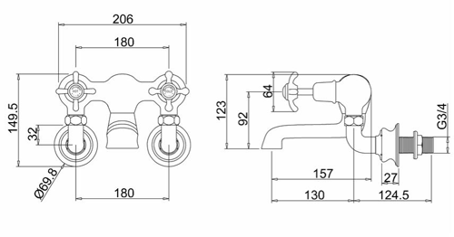 Technical image of Burlington Anglesey Wall Mounted Bath Filler Tap (Chrome & Medici).