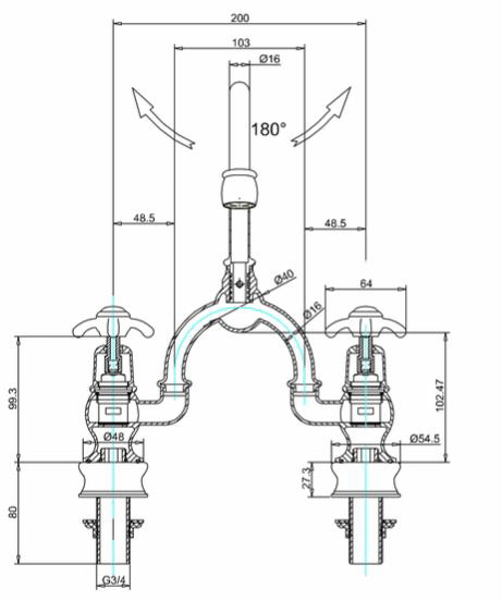 Technical image of Burlington Anglesey 2 Hole Arch Basin Mixer Tap (Chrome & Medici, 200mm).