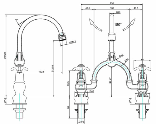 Technical image of Burlington Anglesey 2 Hole Arch Basin Mixer Tap (Chrome & Medici, 230mm).