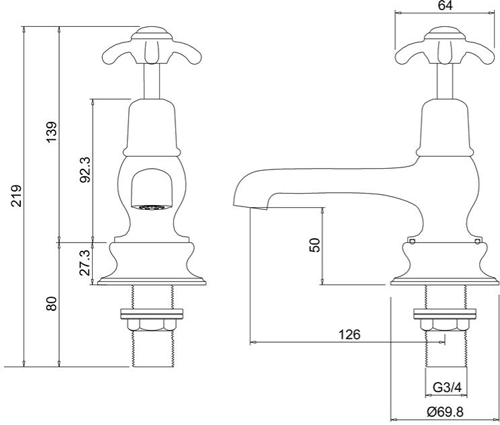 Technical image of Burlington Anglesey Bath Taps (Chrome & Medici).