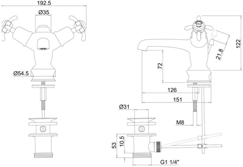 Technical image of Burlington Anglesey Basin Tap With Pop Up Waste (Chrome & Medici).