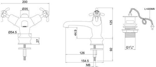 Technical image of Burlington Anglesey Basin Tap With Plug & Chain Waste (Chrome & Medici).