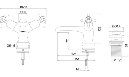 Technical image of Burlington Anglesey Basin Tap With Click Clack Waste (Chrome & Medici).