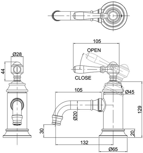 Technical image of Burlington Arcade Basin Mixer Tap With Lever Handle (Chrome & White).