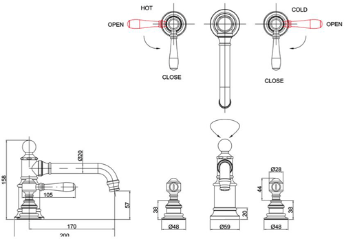 Technical image of Burlington Arcade 3 Hole Basin Mixer Tap With Lever Handles (Nickel & White).