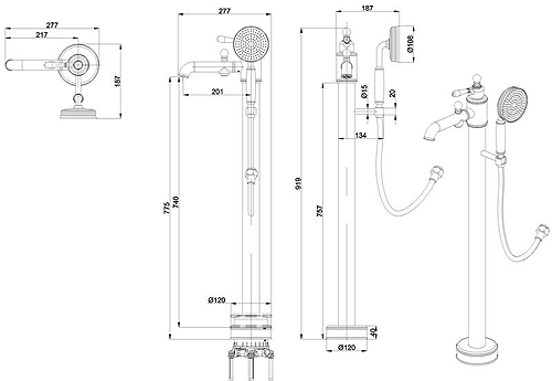 Technical image of Burlington Arcade Floor Standing BSM Tap, Lever Handle (Nickel & White).