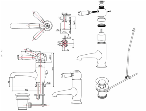 Technical image of Burlington Chelsea Straight Basin Mixer Tap & Waste (Chrome & Medici).