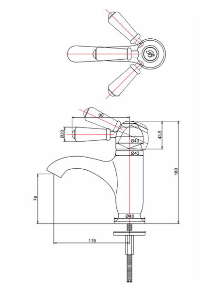 Technical image of Burlington Chelsea Curved Basin Mixer Tap (Chrome & Medici).