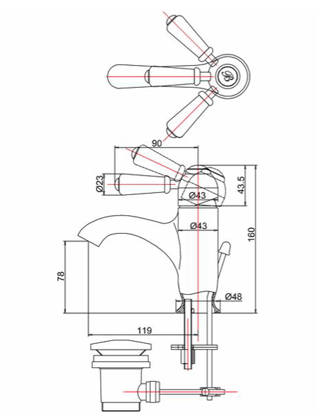 Technical image of Burlington Chelsea Curved Basin Mixer Tap & Waste (Chrome & Medici).