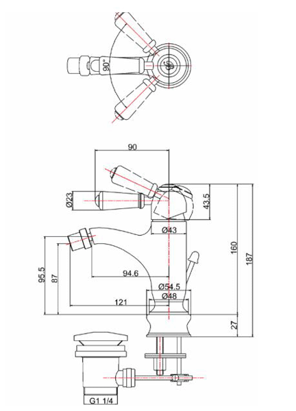 Technical image of Burlington Chelsea Curved Bidet Mixer Tap & Waste (Chrome & Medici).