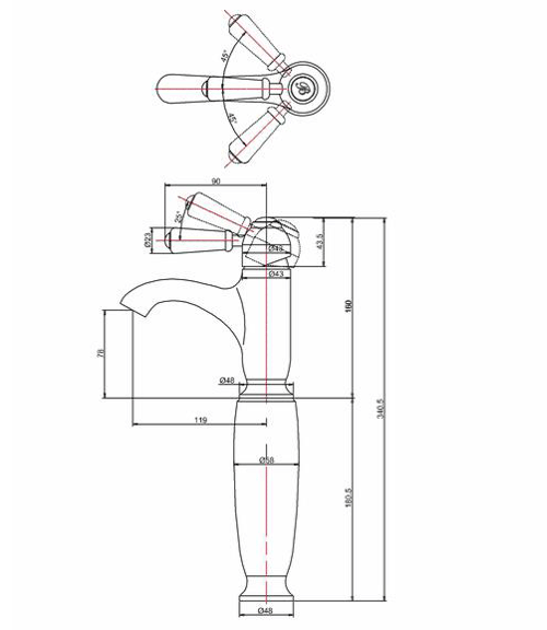 Technical image of Burlington Chelsea Curved Tall Basin Mixer Tap (Chrome & Medici).